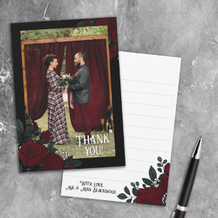 Dark Red Roses Vintage Font Goth Wedding Thank You Card