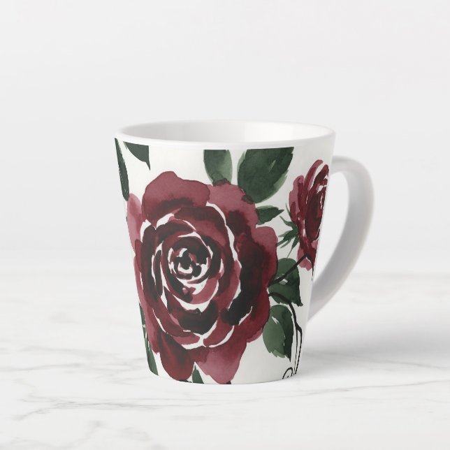 Dark Red Roses Watercolor Latte Mug (Right Angle)