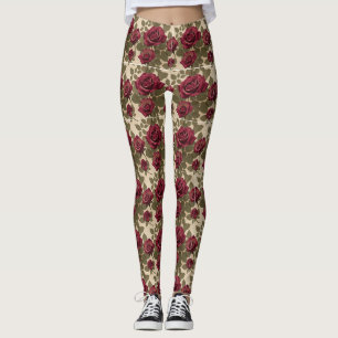 Dark Red Roses With Faded Green Leaves Leggings