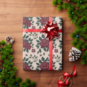 Dark Red Roses With Green Leaves Wrapping Paper