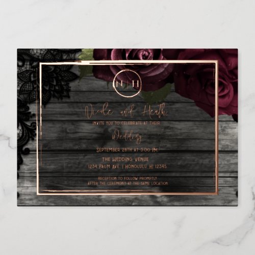 Dark Red Roses Wood  Lace Rustic Wedding  Foil Invitation