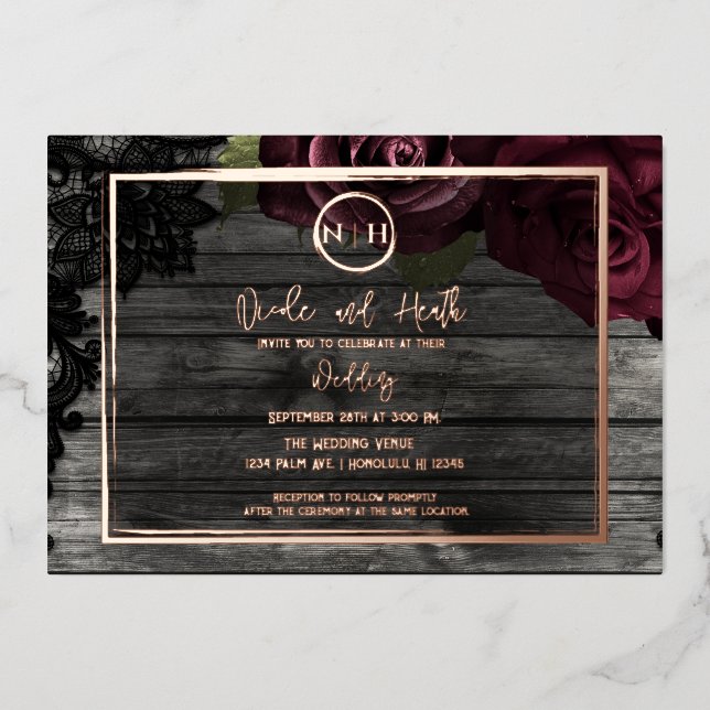 Dark Red Roses Wood & Lace Rustic Wedding  Foil Invitation (Front)