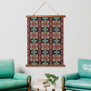 Dark Red Rust Orange Teal Blue Green Tribal Art Hanging Tapestry