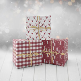 Dark Red Rustic Holiday Patterns Woods Trees Plaid Wrapping Paper Sheets