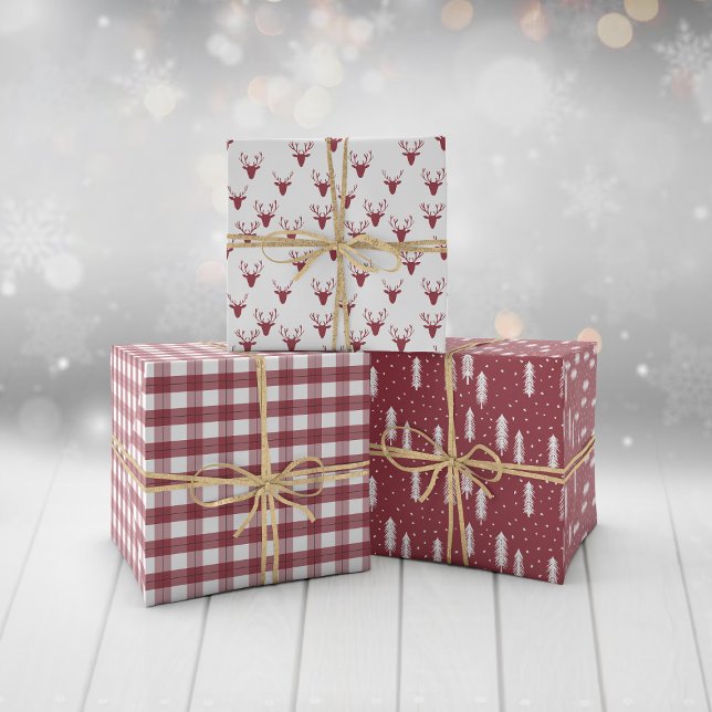 Dark Red Rustic Holiday Patterns Woods Trees Plaid Wrapping Paper Sheets (Creator Uploaded)