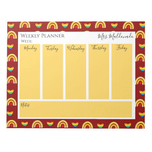 Dark Red School Pattern with Rainbow Hearts Weekly Notepad