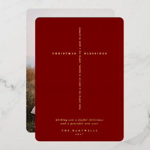 Dark Red Scripture Cross Photo Foil Holiday Card