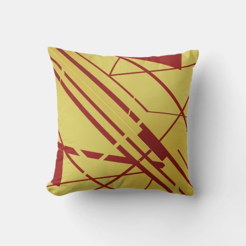 Dark Red Shapes Lines on Gold Flowing Motif Throw Pillow