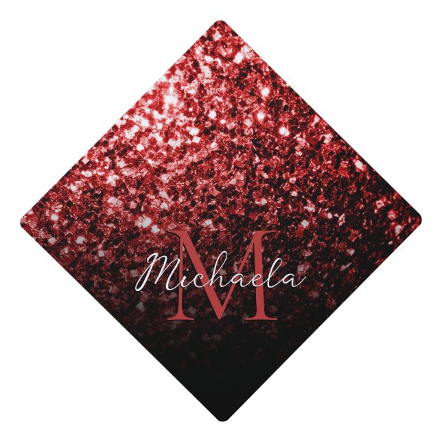 Dark red shiny faux glitter sparkle Monogram Graduation Cap Topper (Front)