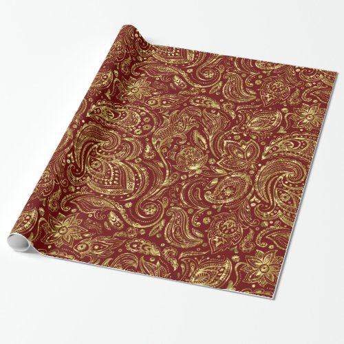 Dark Red  Shiny Gold Floral paisley Pattern Wrapping Paper