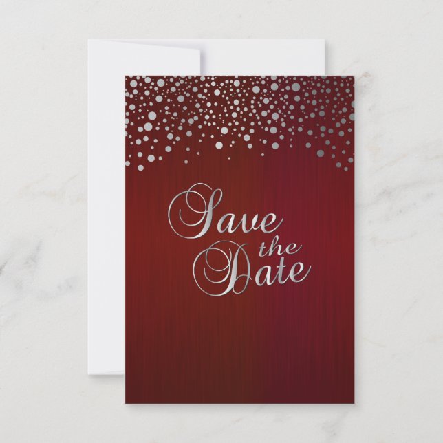 Dark Red & Silver Confetti Dots - Save the Date (Front)