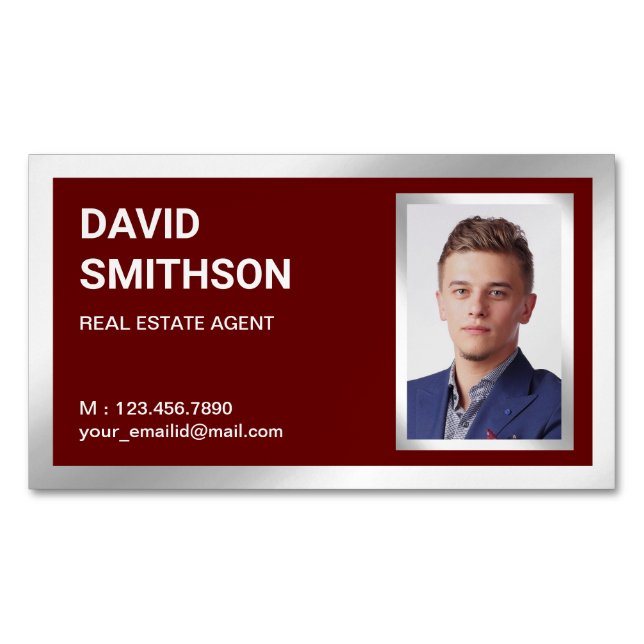 Dark Red Silver Foil Real Estate Realtor Photo Business Card Magnet (Front)