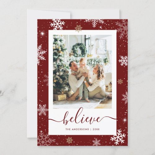 Dark Red Snowflake Photo Believe Christmas Cards