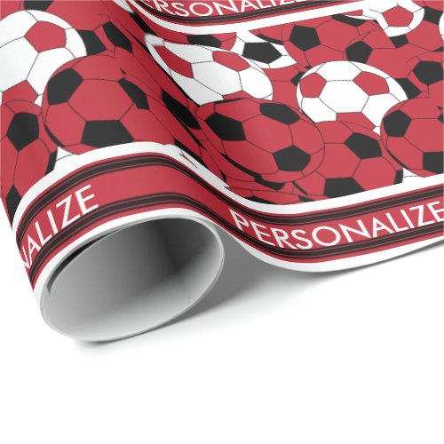 Dark Red Soccer Ball Collage Wrapping Paper