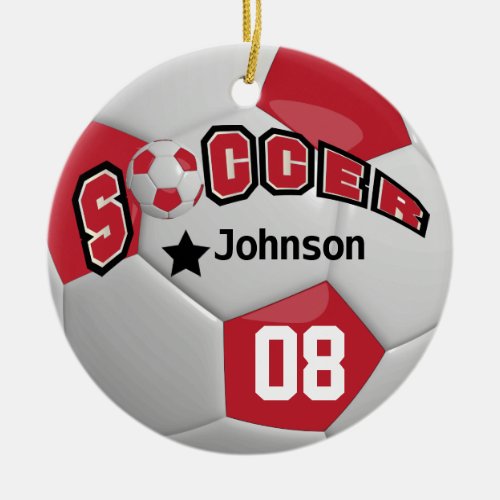 Dark Red Soccer Ball  DIY Name and Number Ceramic Ornament