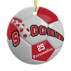 Dark Red Soccer Ball | Personalize Ceramic Ornament