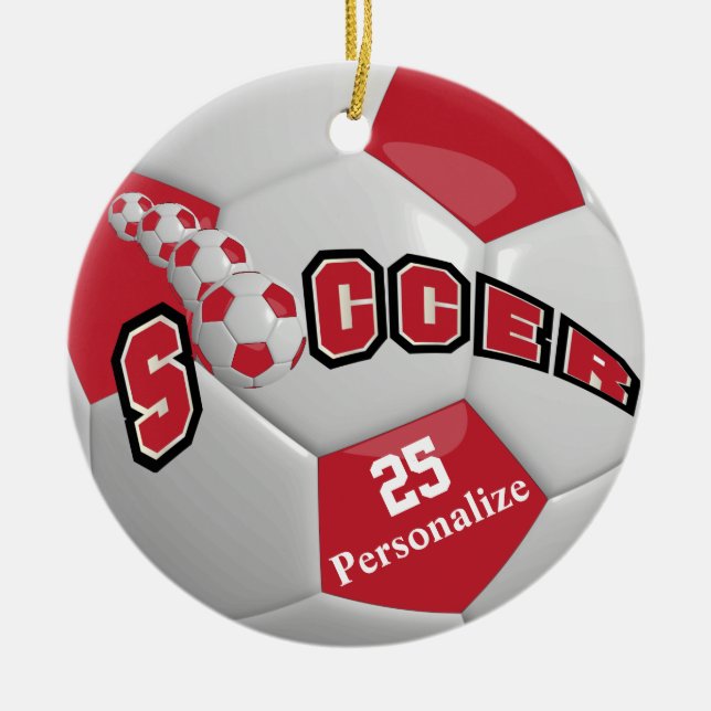 Dark Red Soccer Ball | Personalize Ceramic Ornament (Front)