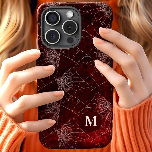 Dark Red Spider Web Monogram iPhone 15 Case