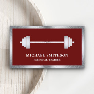 Dark Red Steel Barbell Fitness Personal Trainer Business Card