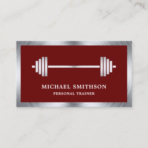 Dark Red Steel Barbell Fitness Personal Trainer Business Card