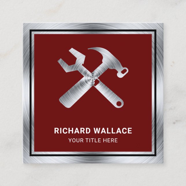 Dark Red Steel Handyman Auto Repair Mechanic Square Business Card (Front)