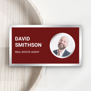 Dark Red Steel Silver Photo Real Estate Agent Business Card