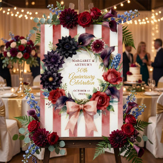 Dark Red Striped Floral 50th Wedding Anniversary Foam Board