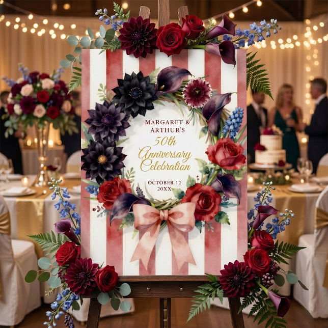 Dark Red Striped Floral 50th Wedding Anniversary Foam Board (Creator Uploaded)
