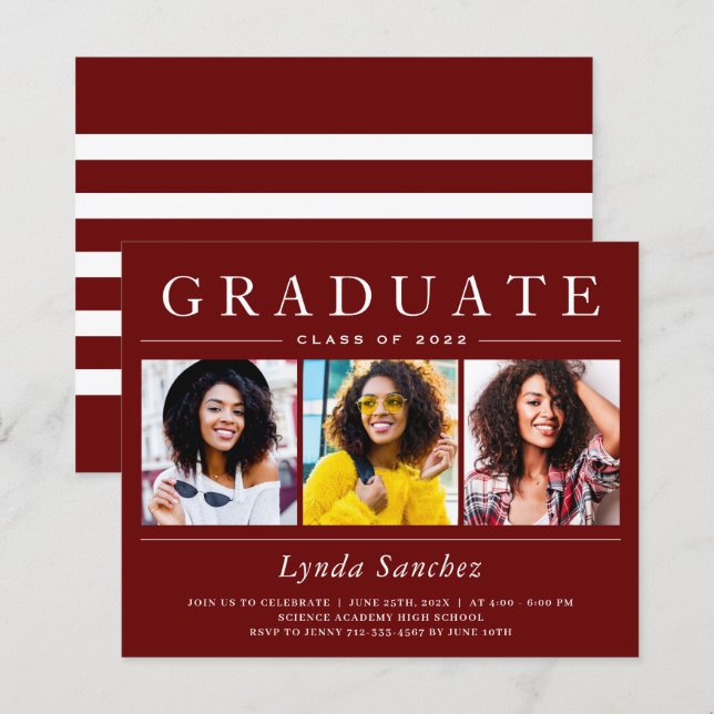 Dark Red Stripes 3 Photo Graduation Invitations (Front/Back)