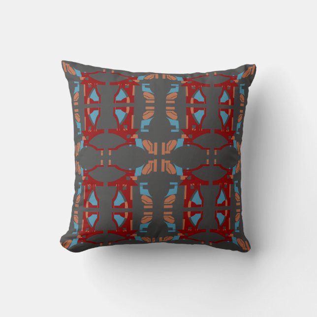 Dark Red Tan Blue on Charcoal Large Mosaic Tiles Throw Pillow (Front)