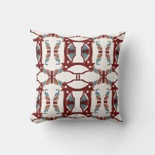 Dark Red Tan Blue on Off-white Large Mosaic Tiles Throw Pillow