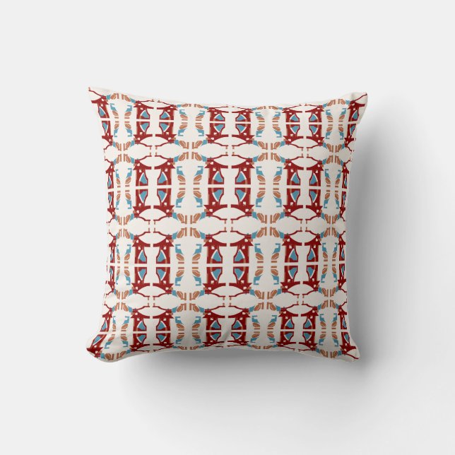 Dark Red Tan Blue on Off-white Small Mosaic Design Throw Pillow (Front)
