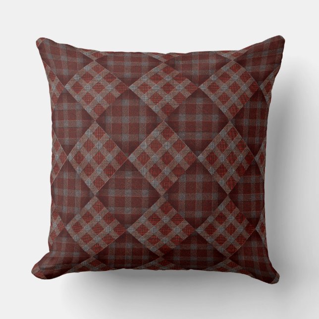 Dark red tartan plaid mosaic throw pillow (Front)