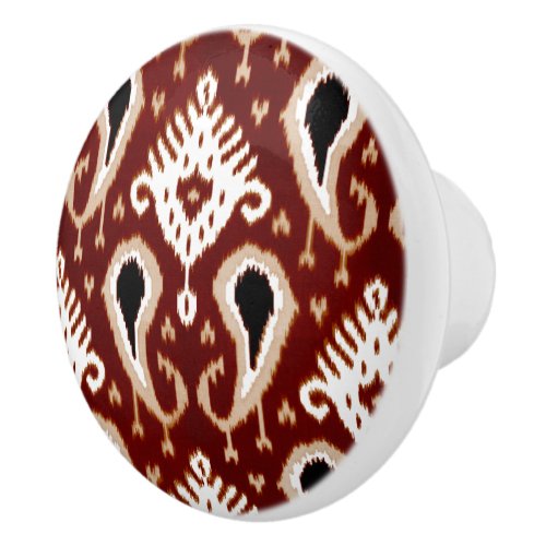 Dark Red Taupe Brown Black Ikat Tribal Art Pattern Ceramic Knob