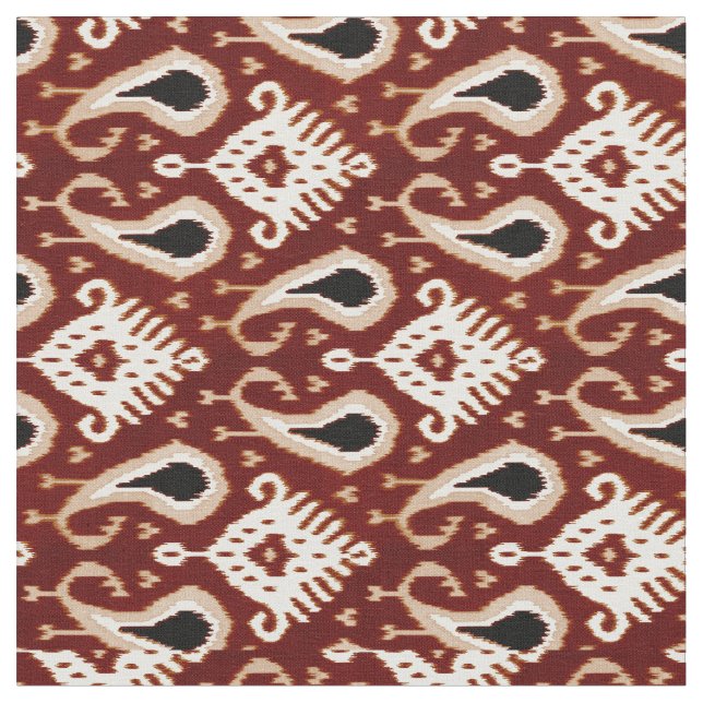 Dark Red Taupe Brown Ikat Tribal Pattern Fabric (Close Up)