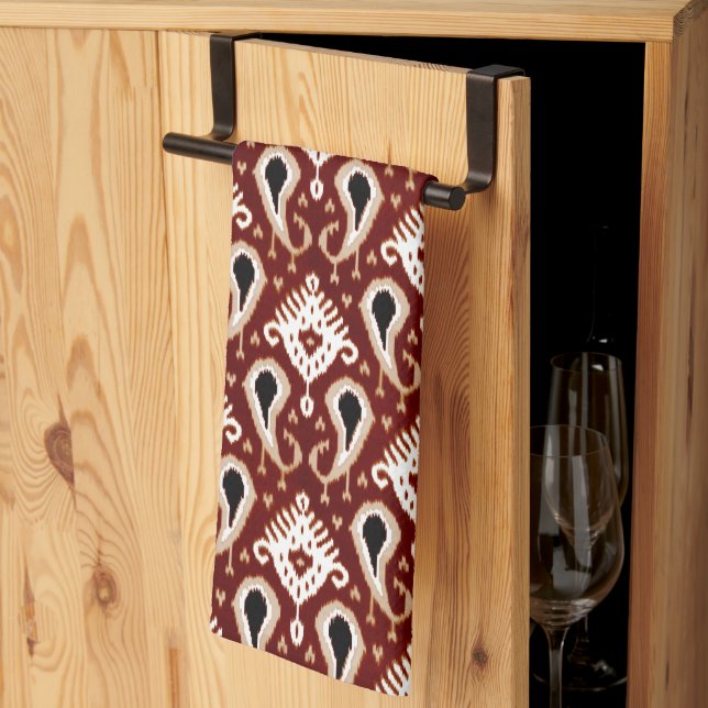 Dark Red Taupe Brown Ikat Tribal Pattern Kitchen Towel (Thirds Fold)