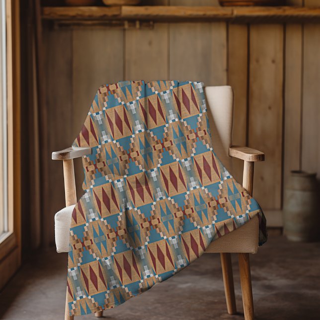 Dark Red Teal Blue Taupe Brown Tribal Mosaic Art Fleece Blanket (Creator Uploaded)