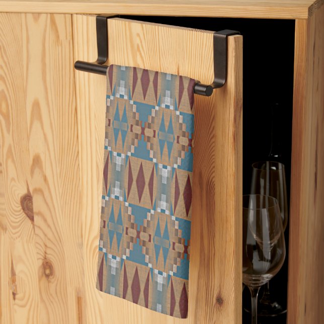 Dark Red Teal Blue Taupe Brown Tribal Mosaic Art Kitchen Towel (Thirds Fold)