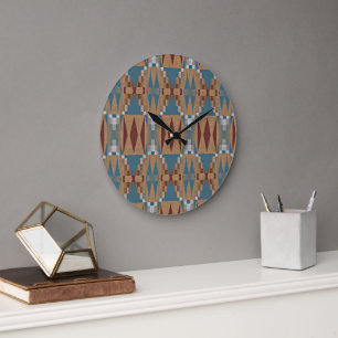 Dark Red Teal Blue Taupe Brown Tribal Mosaic Art Large Clock