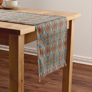 Dark Red Teal Blue Taupe Brown Tribal Mosaic Art Short Table Runner