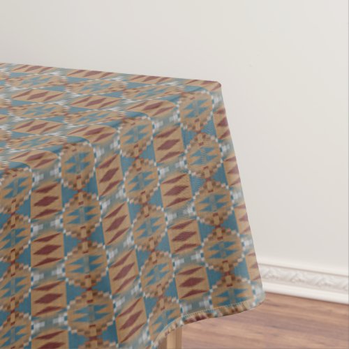 Dark Red Teal Blue Taupe Brown Tribal Mosaic Art Tablecloth