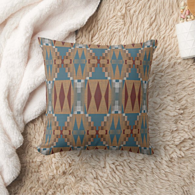 Dark Red Teal Blue Taupe Brown Tribal Mosaic Art Throw Pillow (Blanket)