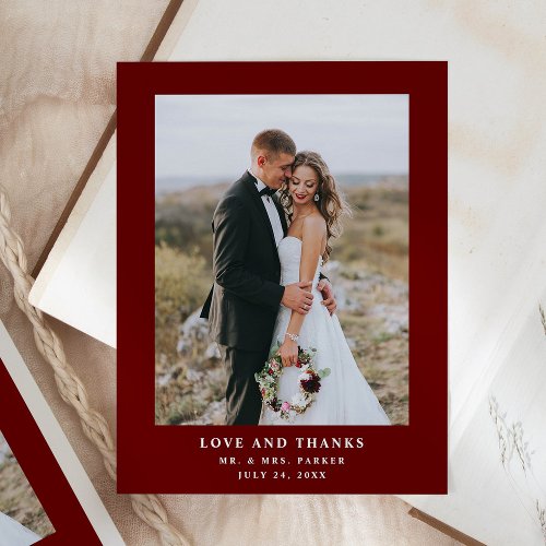 Dark Red Text and Photo  Wedding Thank You Postcard