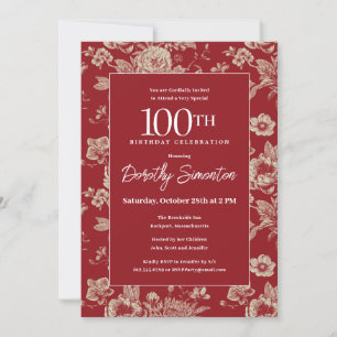 Dark Red Toile Floral 100th Birthday Party Fall Invitation