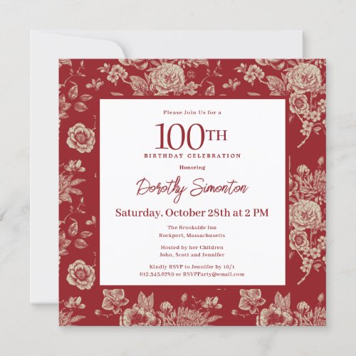 Dark Red Toile Floral 100th Birthday Party Fall Invitation
