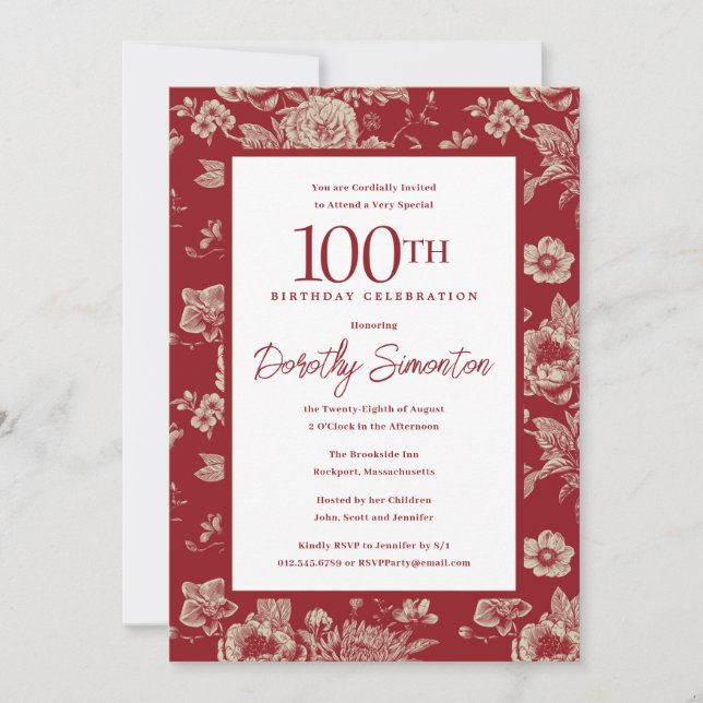 Dark Red Toile Floral 100th Birthday Party Fall Invitation (Front)