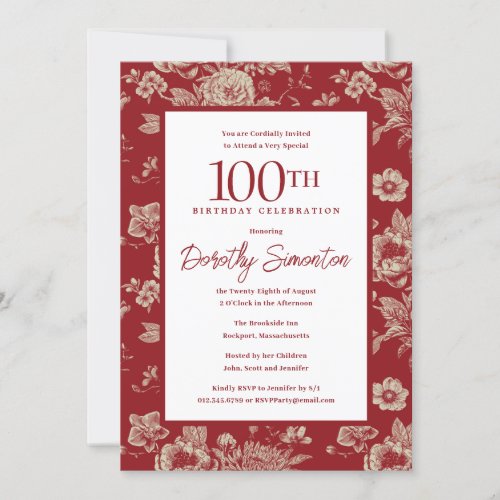 Dark Red Toile Floral 100th Birthday Party Fall Invitation