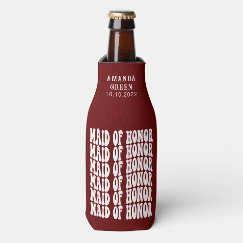 Dark Red Trendy Boho Personalized Maid of Honor Bottle Cooler
