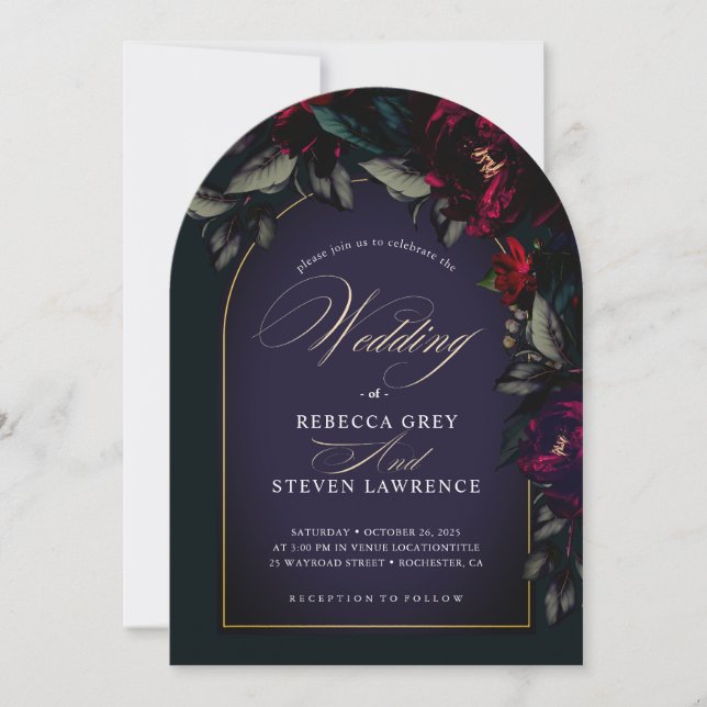 Dark red turquoise floral moody wedding arch invitation (Front)