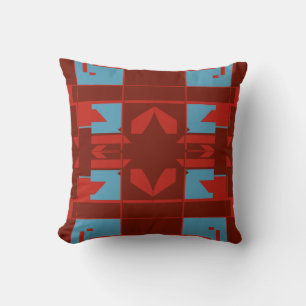 Dark Red Turquoise Mediterranean Design on Brown Throw Pillow